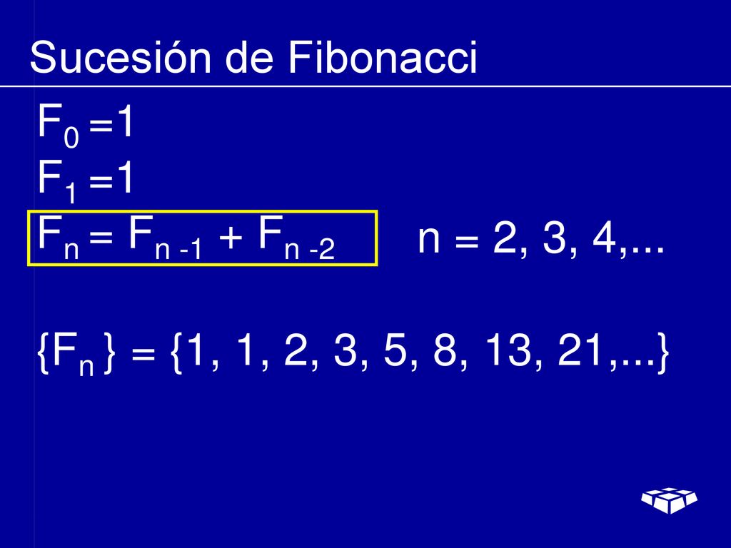 Sucesión de Fibonacci F0 =1. F1 =1. Fn = Fn -1 + Fn -2.