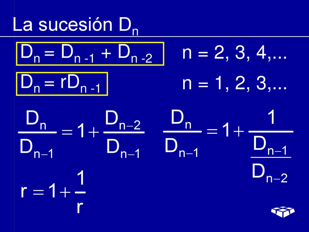 La sucesión Dn Dn = Dn -1 + Dn -2 n = 2, 3, 4,... Dn = rDn -1 n = 1, 2, 3,...