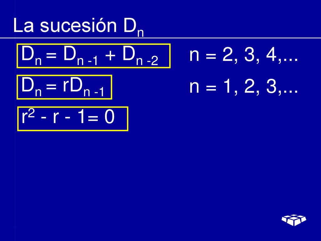 La sucesión Dn Dn = Dn -1 + Dn -2 n = 2, 3, 4,... Dn = rDn -1 n = 1, 2, 3,... r2 - r - 1= 0