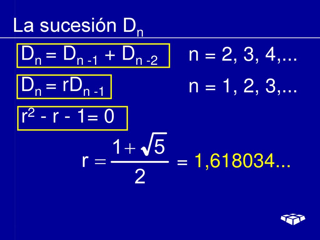 La sucesión Dn Dn = Dn -1 + Dn -2. n = 2, 3, 4,...