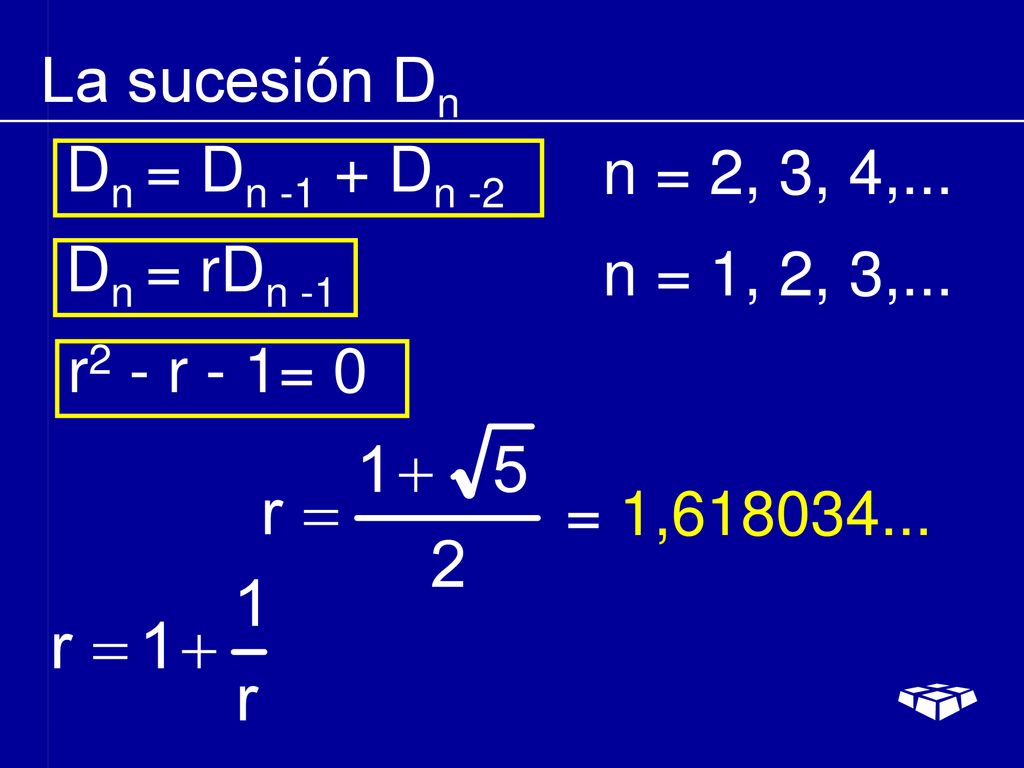 La sucesión Dn Dn = Dn -1 + Dn -2. n = 2, 3, 4,...