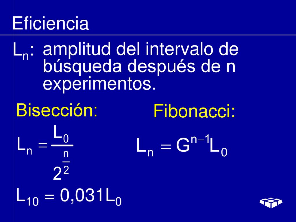 Eficiencia Ln: amplitud del intervalo de búsqueda después de n experimentos. Bisección: Fibonacci: