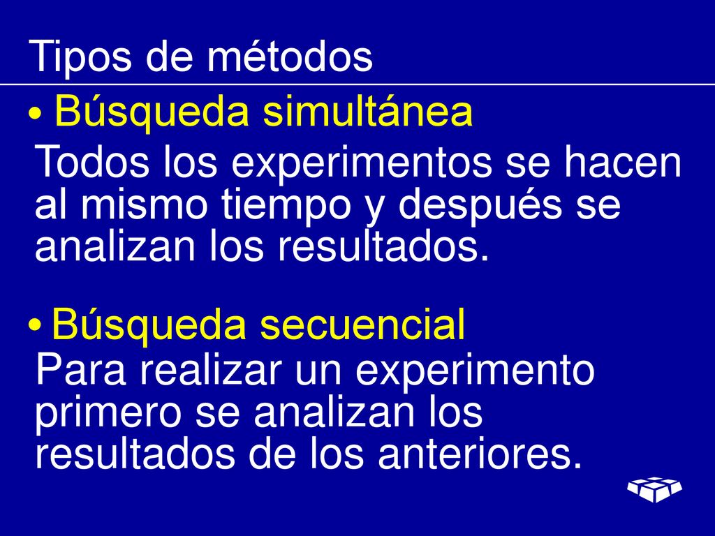 Tipos de métodos Búsqueda simultánea. Todos los experimentos se hacen al mismo tiempo y después se analizan los resultados.