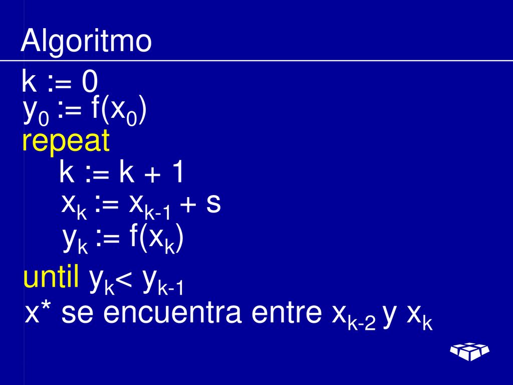 Algoritmo k := 0. y0 := f(x0) repeat. k := k + 1. xk := xk-1 + s. yk := f(xk) until yk< yk-1.