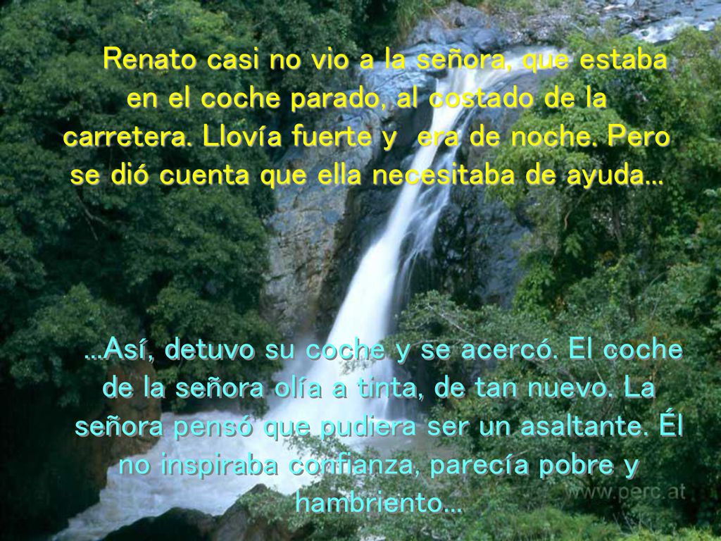 Renato casi no vio a la señora, que estaba en el coche parado, al costado de la carretera. Llovía fuerte y era de noche. Pero se dió cuenta que ella necesitaba de ayuda...