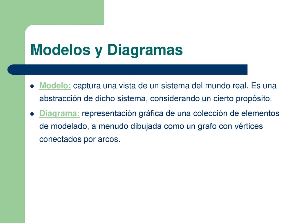 Modelos y Diagramas Modelo: captura una vista de un sistema del mundo real. Es una abstracción de dicho sistema, considerando un cierto propósito.