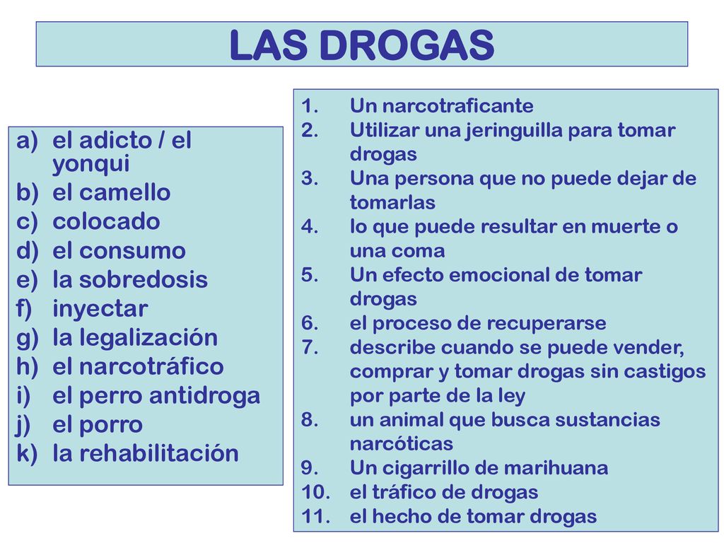 LAS DROGAS el adicto / el yonqui el camello colocado el consumo