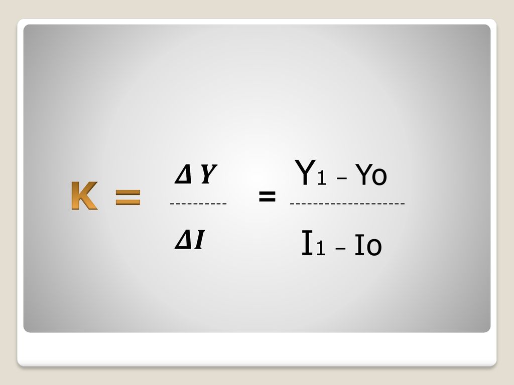 Y1 – Yo 𝜟 𝜟 𝒀 K = = 𝜟𝑰 I1 – Io