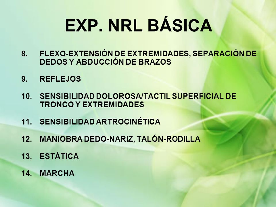 EXP. NRL BÁSICA 8. FLEXO-EXTENSIÓN DE EXTREMIDADES, SEPARACIÓN DE DEDOS Y ABDUCCIÓN DE BRAZOS. REFLEJOS.