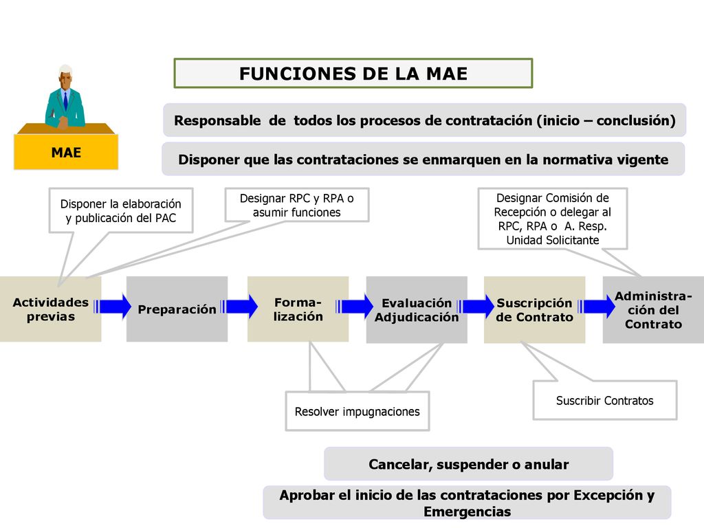 FUNCIONES DE LA MAE MAE. Responsable de todos los procesos de contratación (inicio – conclusión)