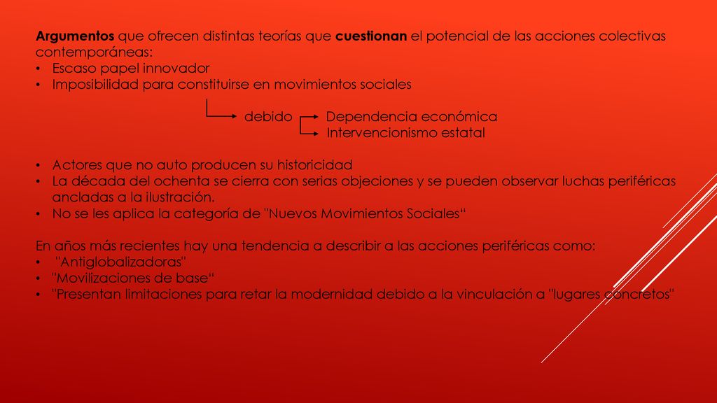 Argumentos que ofrecen distintas teorías que cuestionan el potencial de las acciones colectivas contemporáneas: