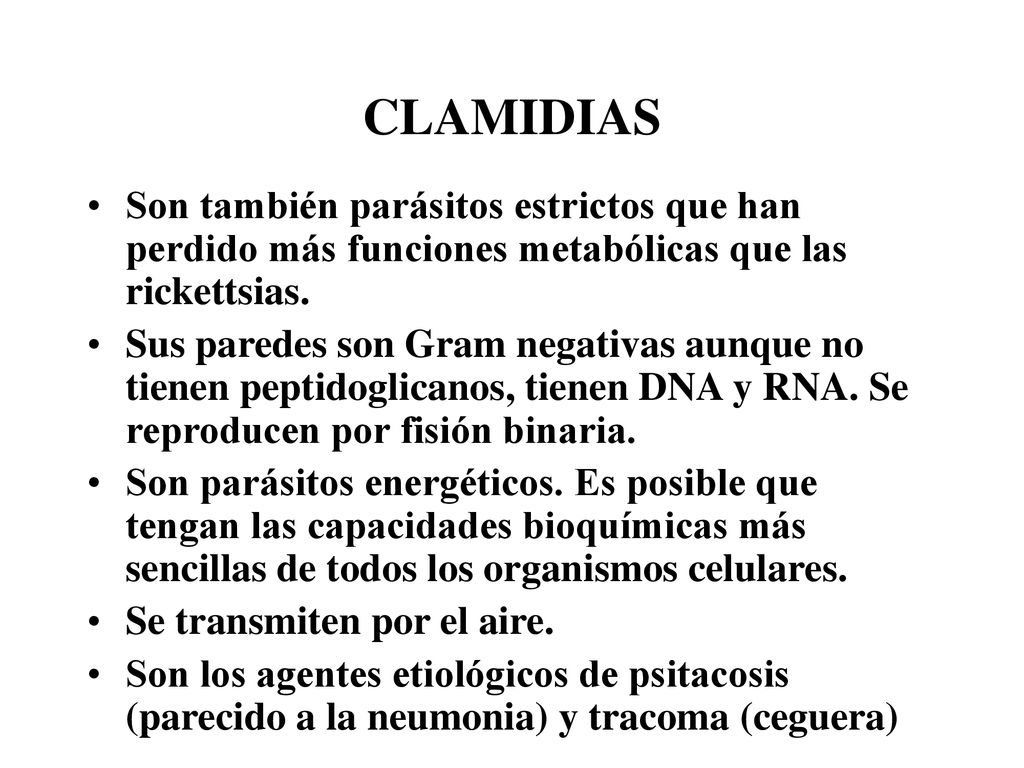 CLAMIDIAS Son también parásitos estrictos que han perdido más funciones metabólicas que las rickettsias.