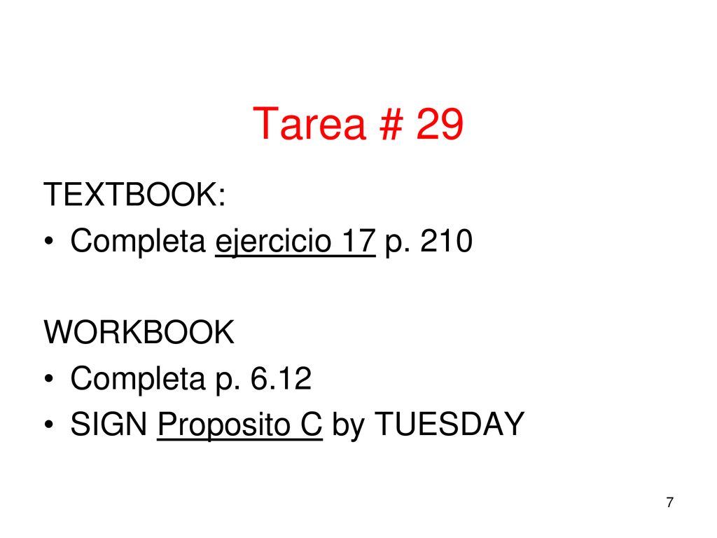 Tarea # 29 TEXTBOOK: Completa ejercicio 17 p. 210 WORKBOOK