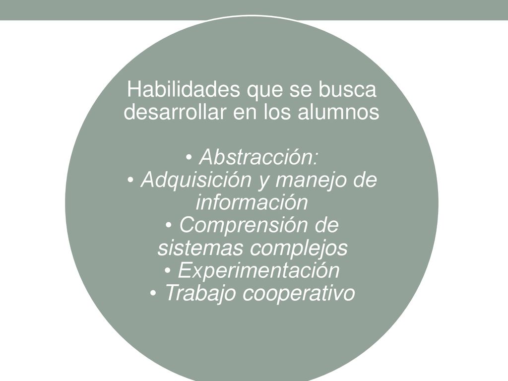Habilidades que se busca desarrollar en los alumnos • Abstracción: • Adquisición y manejo de información • Comprensión de sistemas complejos • Experimentación • Trabajo cooperativo