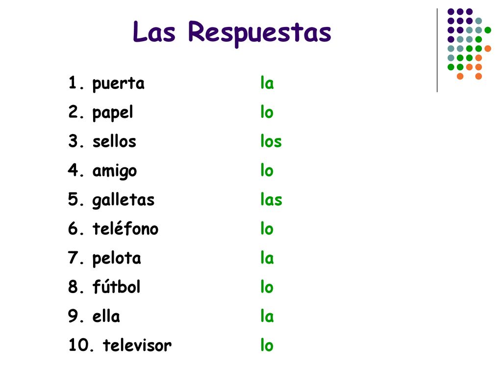Las Respuestas 1. puerta 2. papel 3. sellos 4. amigo 5. galletas