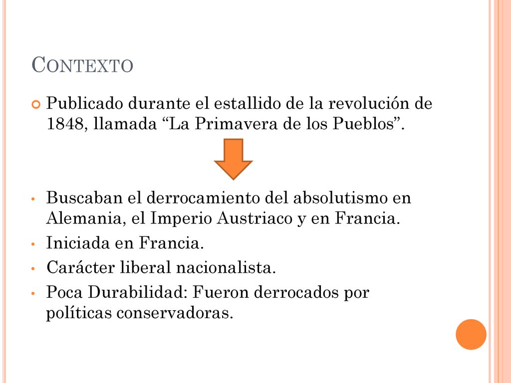 Contexto Publicado durante el estallido de la revolución de 1848, llamada La Primavera de los Pueblos .