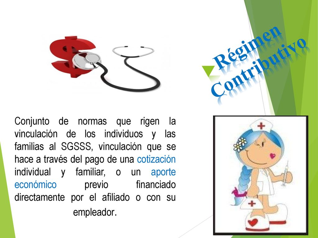 Conjunto de normas que rigen la vinculación de los individuos y las familias al SGSSS, vinculación que se hace a través del pago de una cotización individual y familiar, o un aporte económico previo financiado directamente por el afiliado o con su empleador.