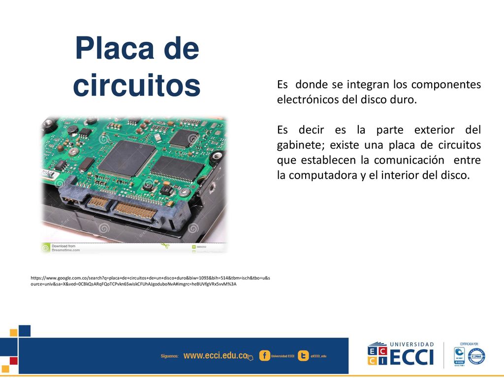 Placa de circuitos Es donde se integran los componentes electrónicos del disco duro.