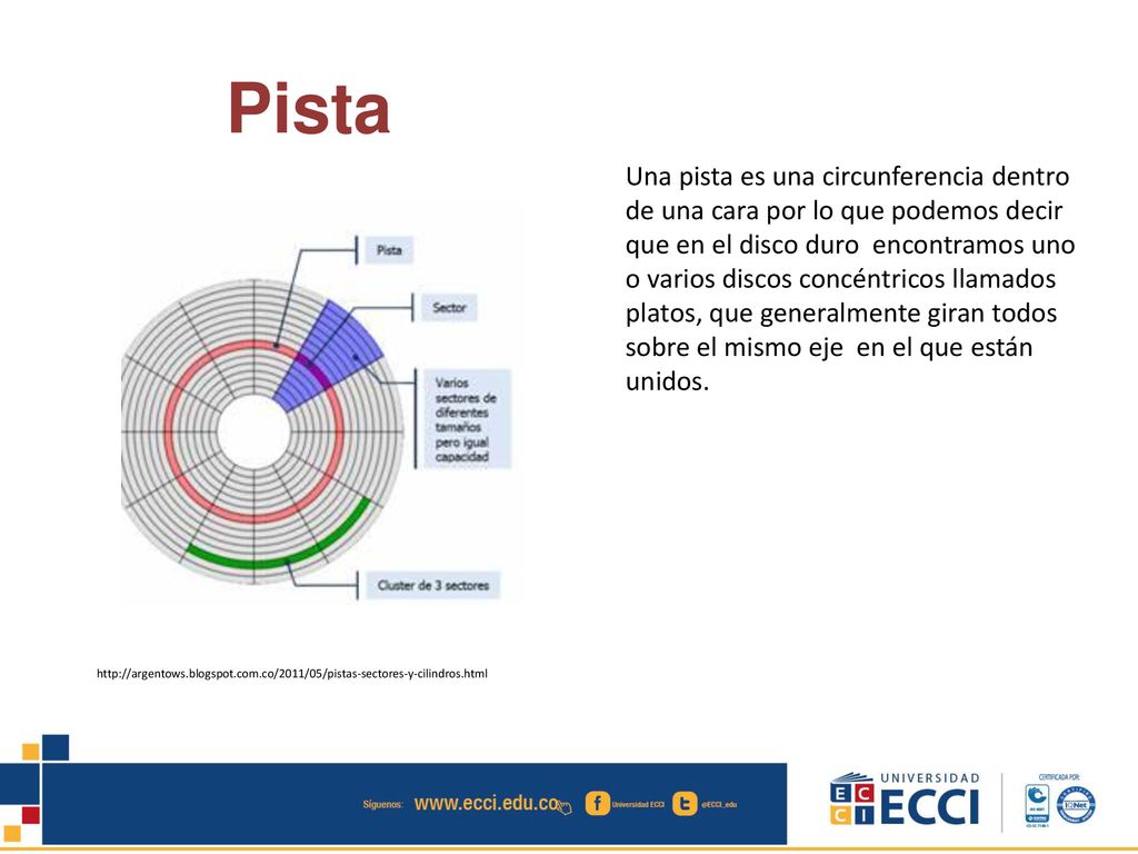 Una pista es una circunferencia dentro de una cara por lo que podemos decir que en el disco duro encontramos uno o varios discos concéntricos llamados platos, que generalmente giran todos sobre el mismo eje en el que están unidos.
