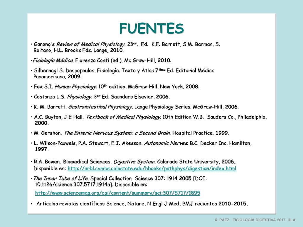 FUENTES Ganong´s Review of Medical Physiology. 23er. Ed. K.E. Barrett, S.M. Barman, S. Boitano, H.L. Brooks Eds. Lange,
