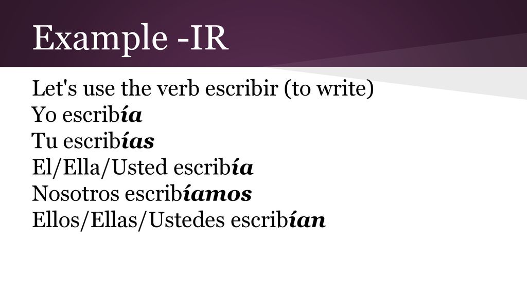 Example -IR Let s use the verb escribir (to write) Yo escribía