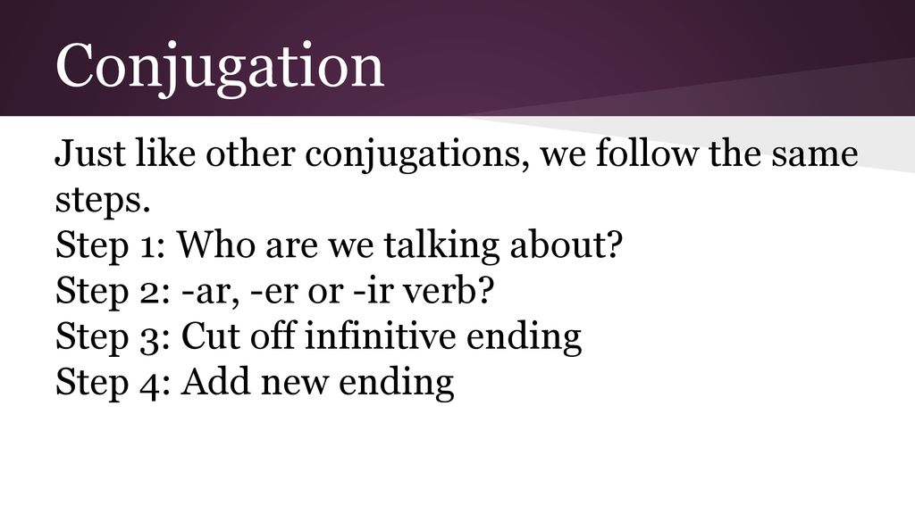 Conjugation Just like other conjugations, we follow the same steps.
