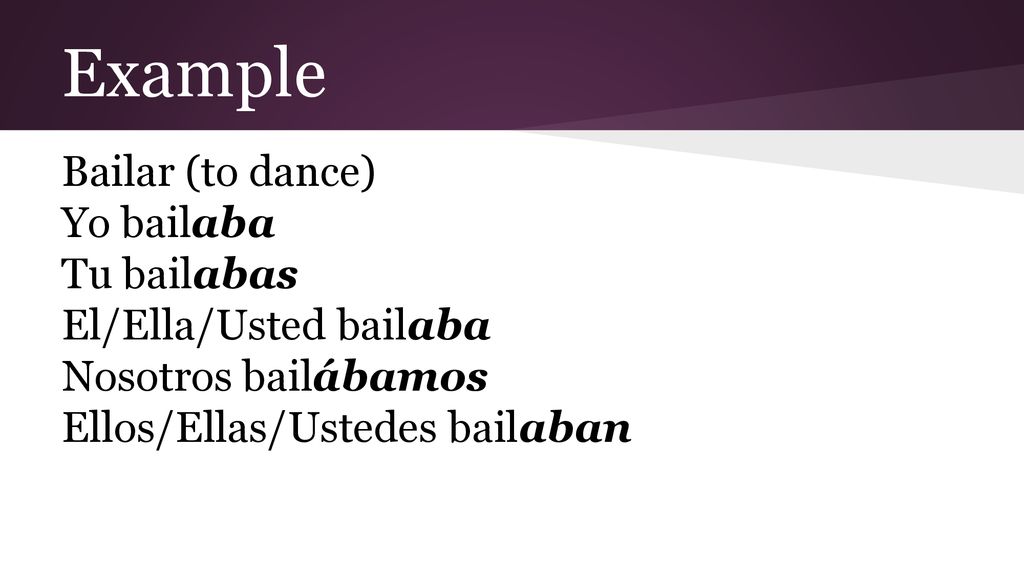 Example Bailar (to dance) Yo bailaba Tu bailabas El/Ella/Usted bailaba