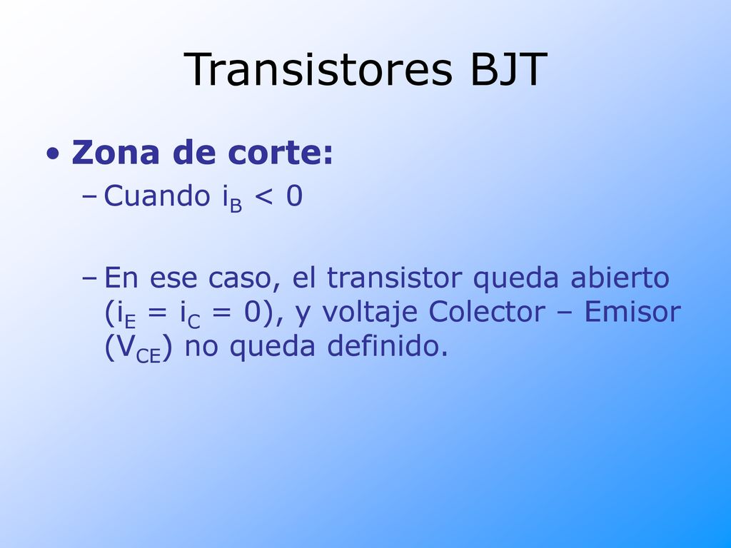 Transistores BJT Zona de corte: Cuando iB < 0