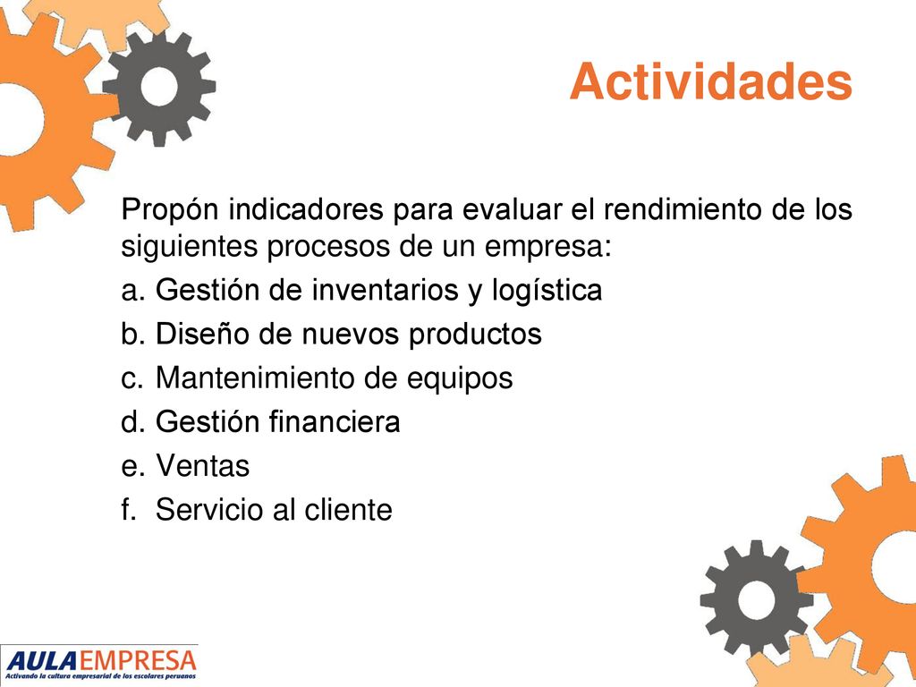 Actividades Propón indicadores para evaluar el rendimiento de los siguientes procesos de un empresa: