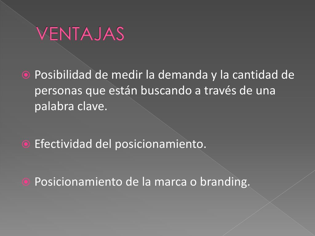 VENTAJAS Posibilidad de medir la demanda y la cantidad de personas que están buscando a través de una palabra clave.