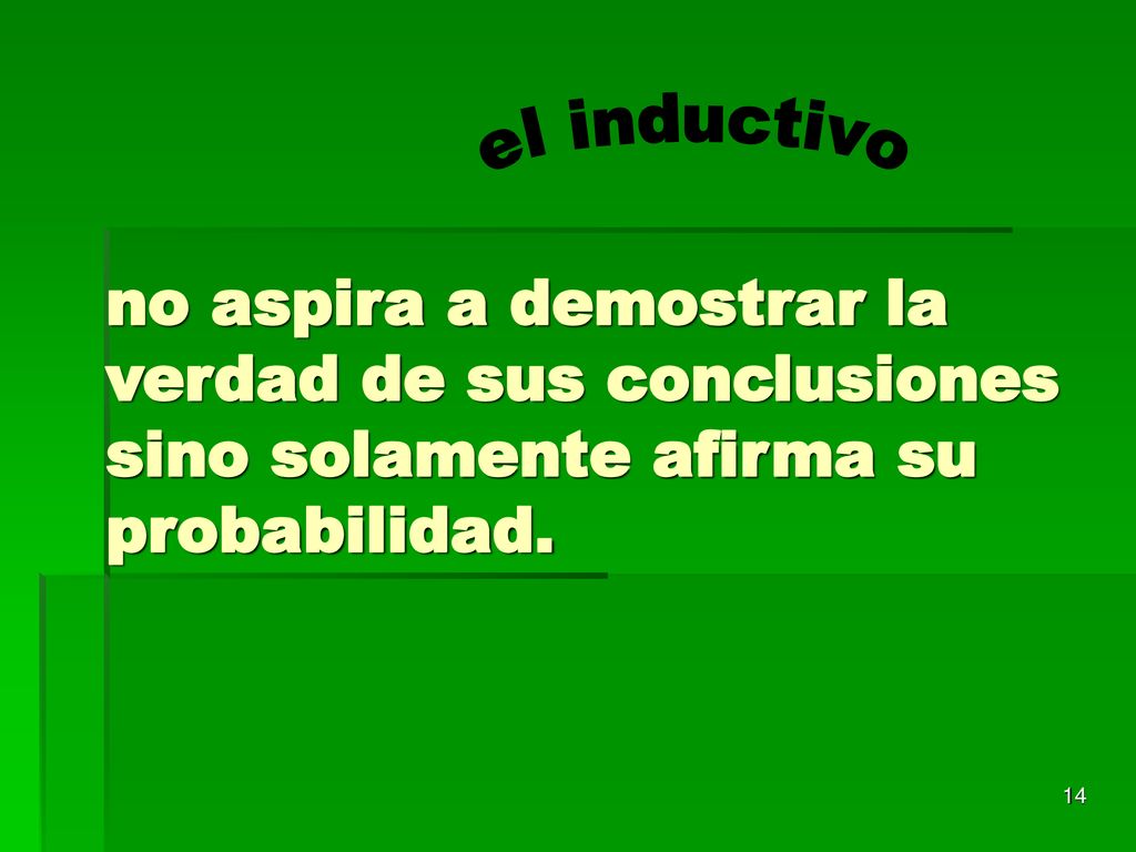 el inductivo no aspira a demostrar la verdad de sus conclusiones sino solamente afirma su probabilidad.