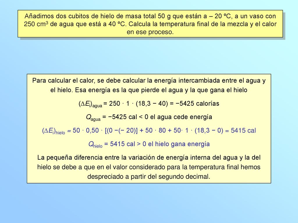 (∆Ei)agua = 250 · 1 · (18,3 − 40) = −5425 calorías