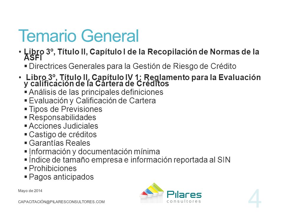 Temario General Libro 3º, Título II, Capítulo I de la Recopilación de Normas de la ASFI. Directrices Generales para la Gestión de Riesgo de Crédito.