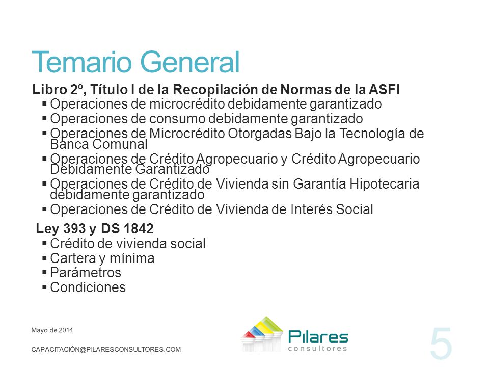 Temario General Libro 2º, Título I de la Recopilación de Normas de la ASFI. Operaciones de microcrédito debidamente garantizado.