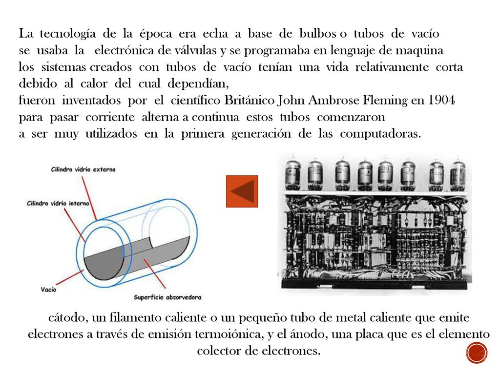 La tecnología de la época era echa a base de bulbos o tubos de vacío se usaba la electrónica de válvulas y se programaba en lenguaje de maquina los sistemas creados con tubos de vacío tenían una vida relativamente corta debido al calor del cual dependían,