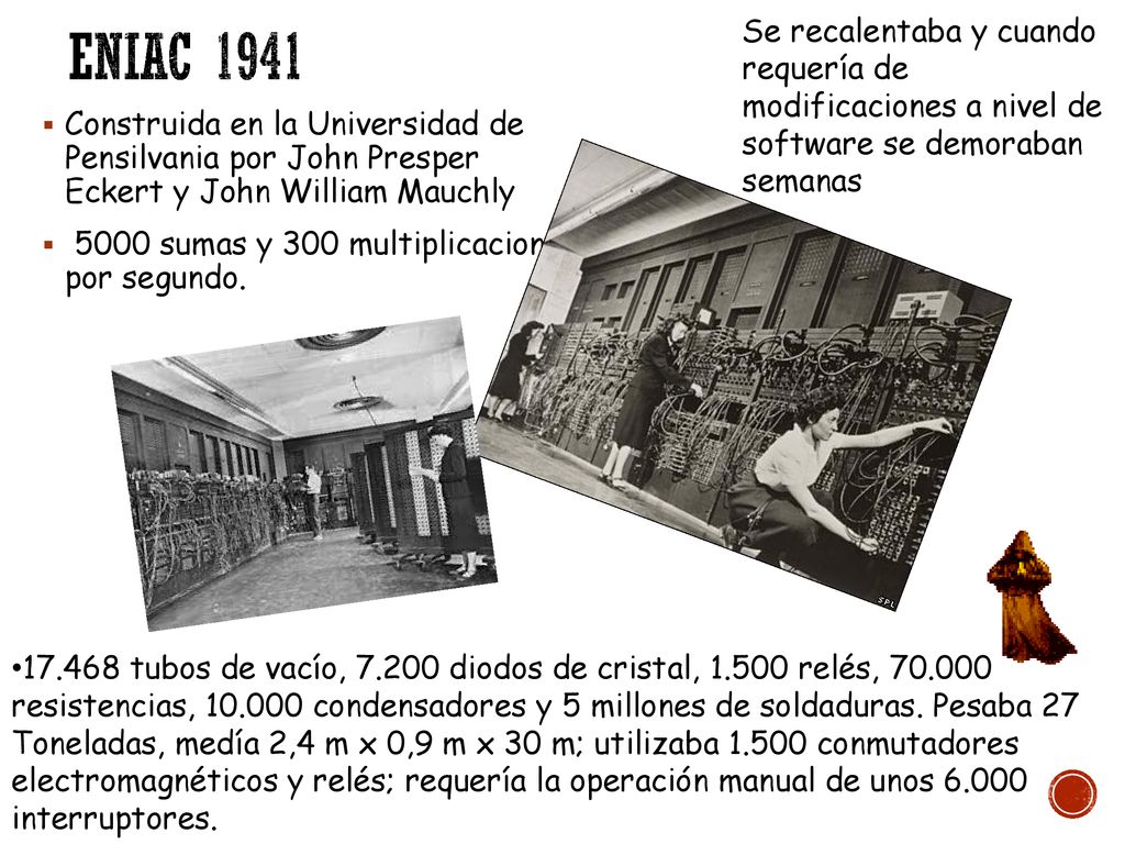 ENIAC 1941 Se recalentaba y cuando requería de modificaciones a nivel de software se demoraban semanas.