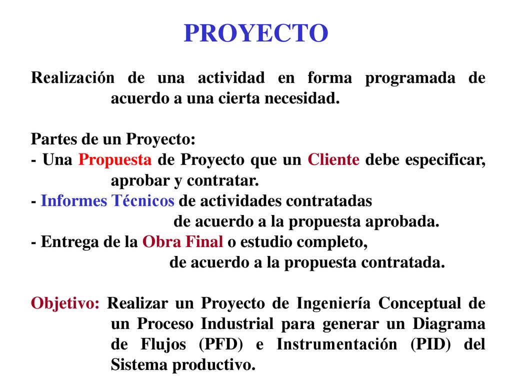 PROYECTO Realización de una actividad en forma programada de acuerdo a una cierta necesidad. Partes de un Proyecto: