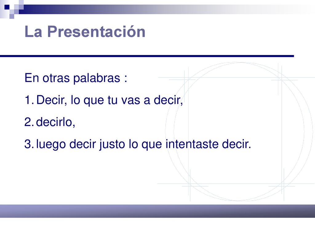 La Presentación En otras palabras : Decir, lo que tu vas a decir,