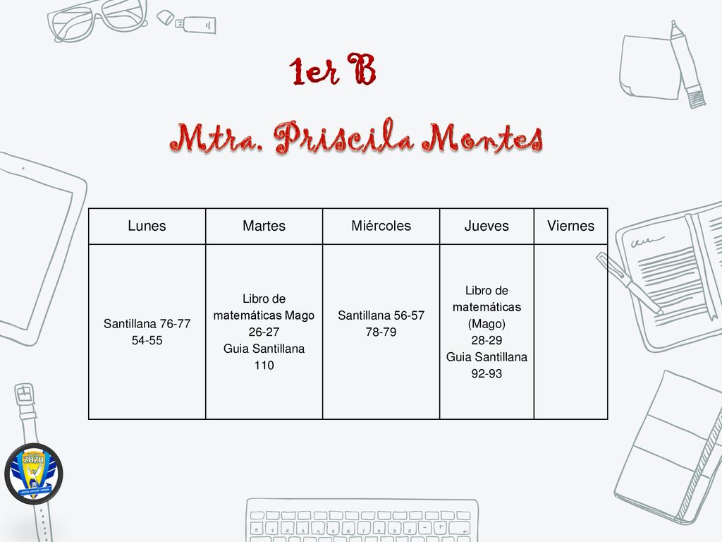 1er B Mtra. Priscila Montes Lunes Martes Miércoles Jueves Viernes