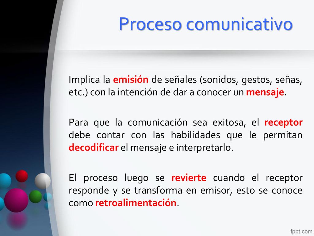 Proceso comunicativo Implica la emisión de señales (sonidos, gestos, señas, etc.) con la intención de dar a conocer un mensaje.
