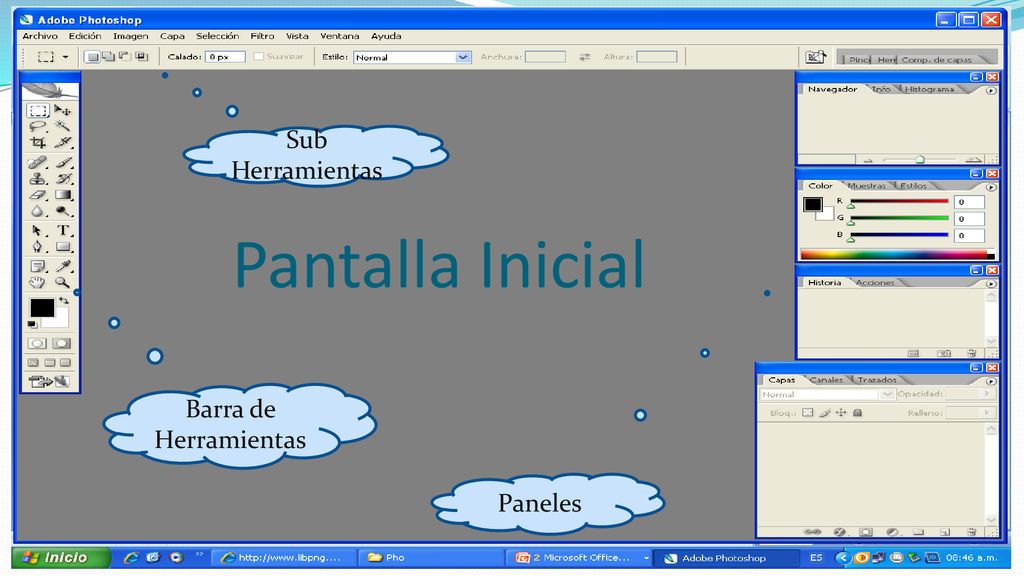 Sub Herramientas Pantalla Inicial Barra de Herramientas Paneles