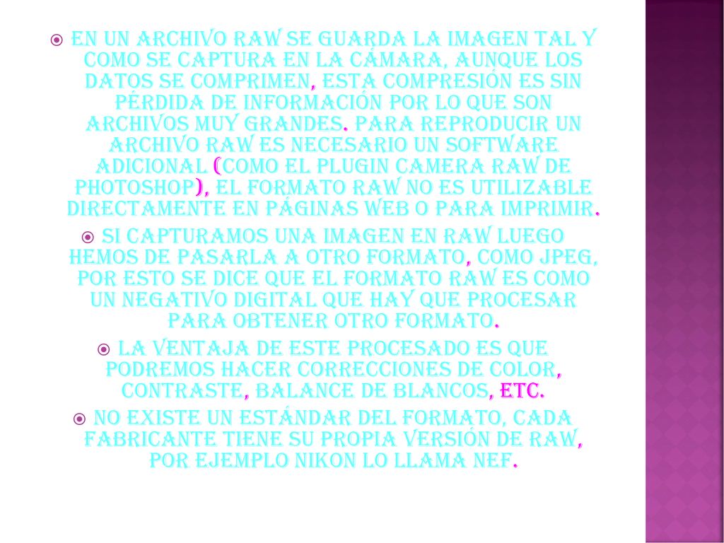 En un archivo RAW se guarda la imagen tal y como se captura en la cámara, aunque los datos se comprimen, esta compresión es sin pérdida de información por lo que son archivos muy grandes. Para reproducir un archivo RAW es necesario un software adicional (como el plugin Camera Raw de Photoshop), el formato RAW no es utilizable directamente en páginas web o para imprimir.