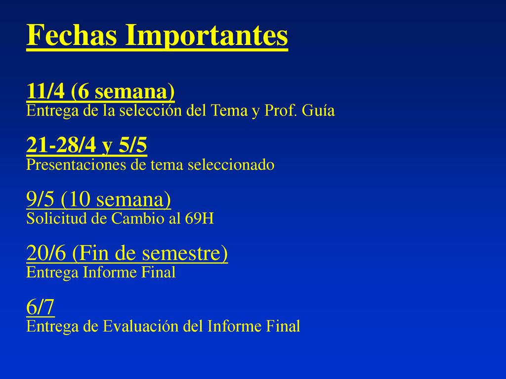 Fechas Importantes 11/4 (6 semana) Entrega de la selección del Tema y Prof.