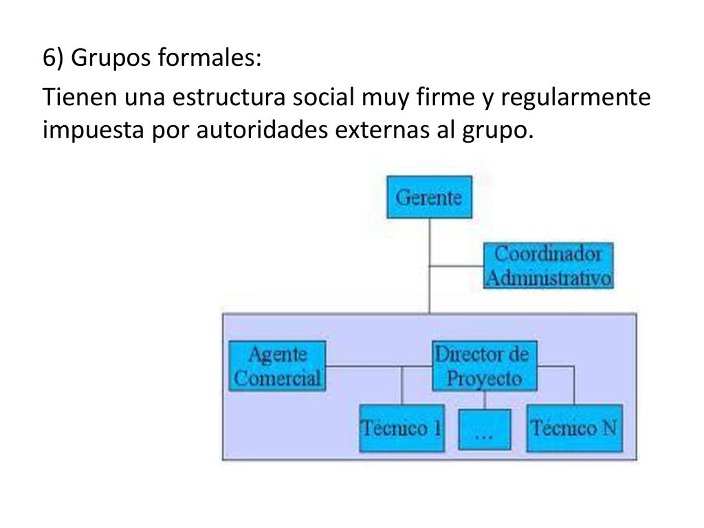 6) Grupos formales: Tienen una estructura social muy firme y regularmente impuesta por autoridades externas al grupo.