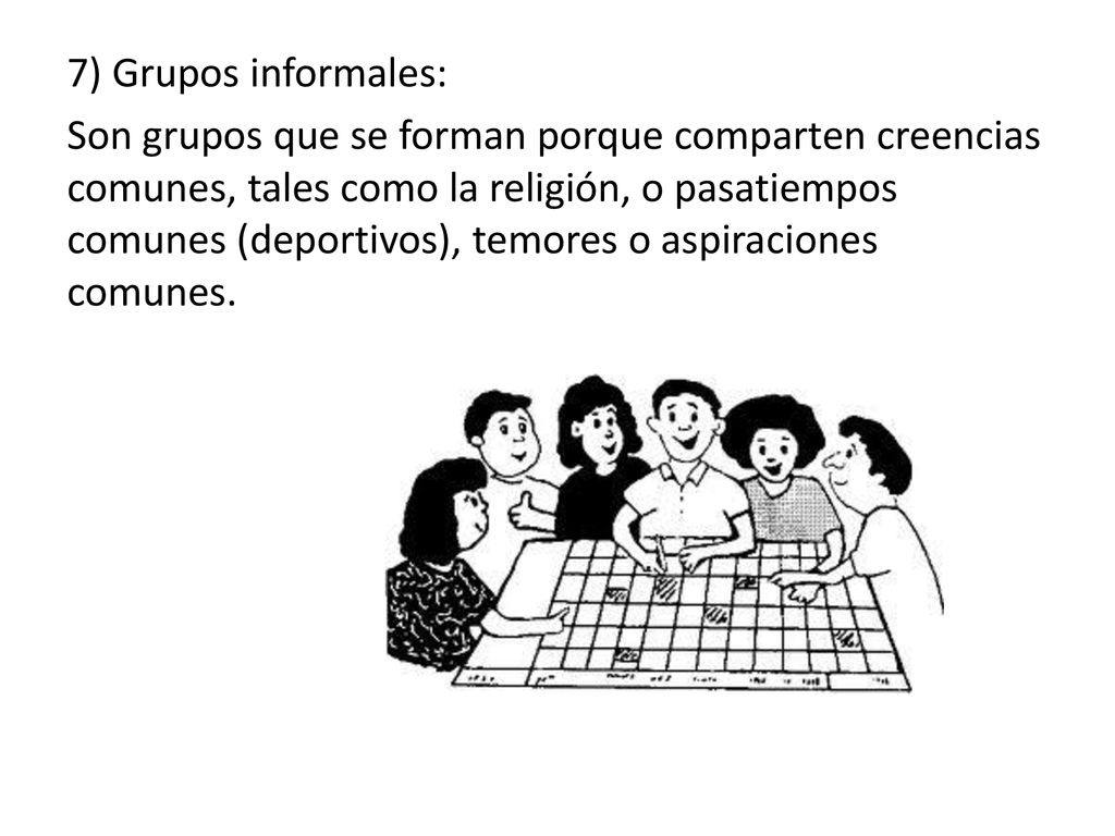7) Grupos informales: Son grupos que se forman porque comparten creencias comunes, tales como la religión, o pasatiempos comunes (deportivos), temores o aspiraciones comunes.