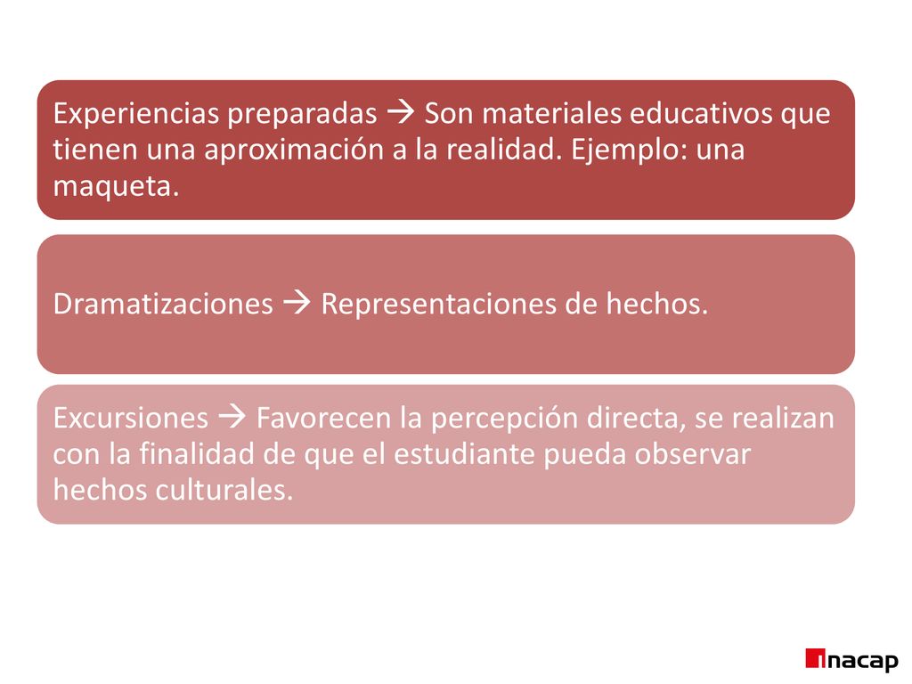 Experiencias preparadas  Son materiales educativos que tienen una aproximación a la realidad. Ejemplo: una maqueta.