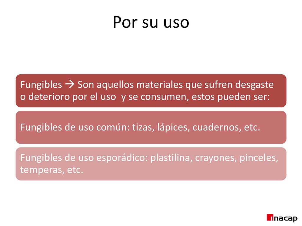 Por su uso Fungibles  Son aquellos materiales que sufren desgaste o deterioro por el uso y se consumen, estos pueden ser: