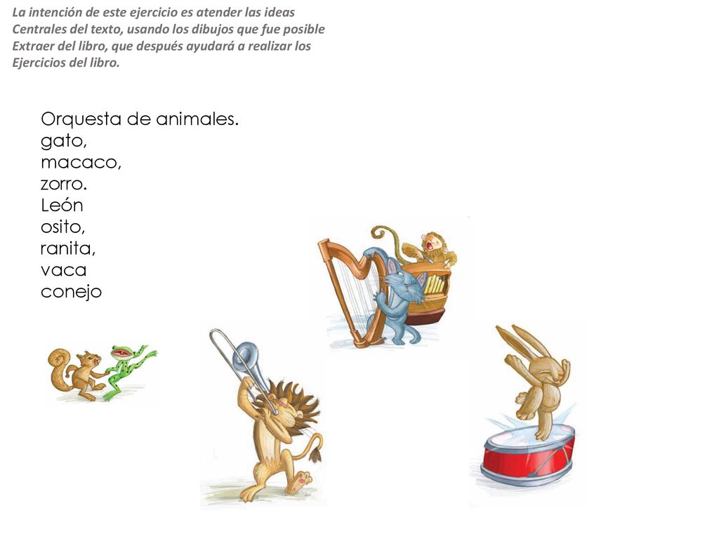Orquesta de animales. gato, macaco, zorro. León osito, ranita, vaca