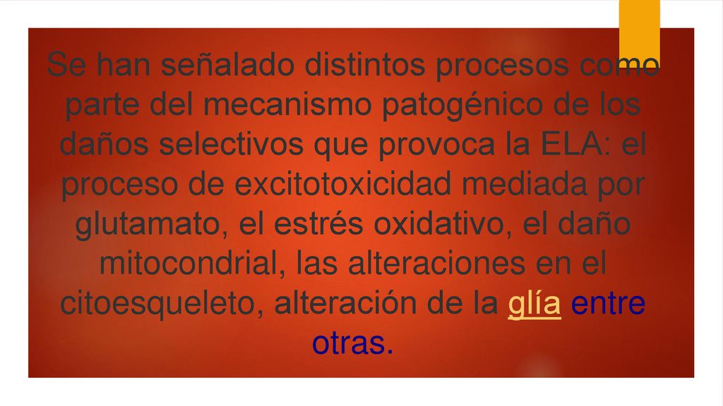 Se han señalado distintos procesos como parte del mecanismo patogénico de los daños selectivos que provoca la ELA: el proceso de excitotoxicidad mediada por glutamato, el estrés oxidativo, el daño mitocondrial, las alteraciones en el citoesqueleto, alteración de la glía entre otras.