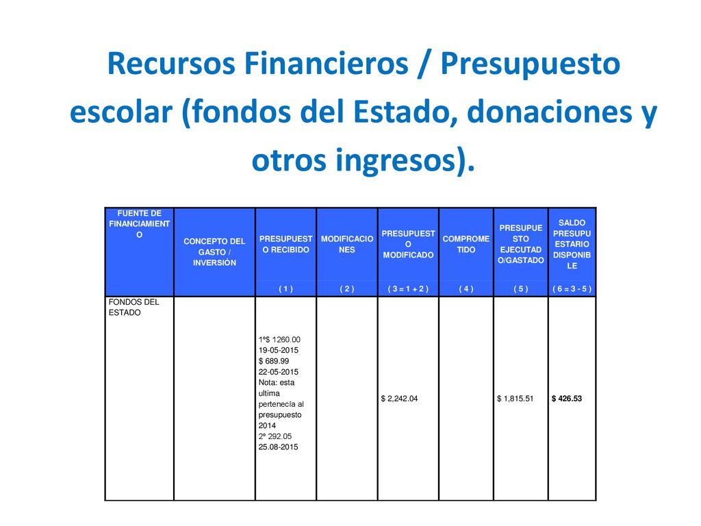 Recursos Financieros / Presupuesto escolar (fondos del Estado, donaciones y otros ingresos).